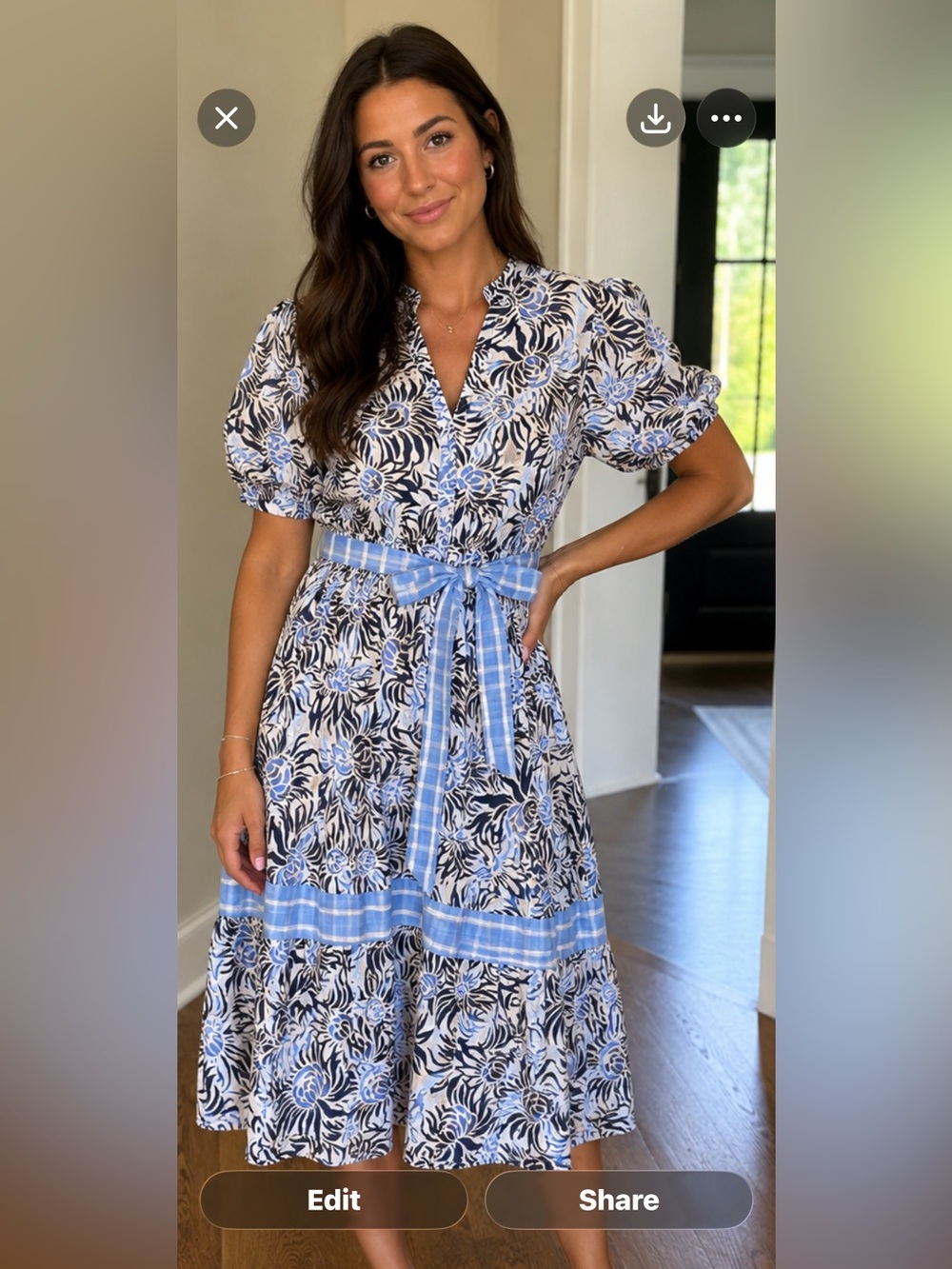 NWOT Fabrik Cottagecore Garden Blue Floral Print Midi Dress waist belt Small